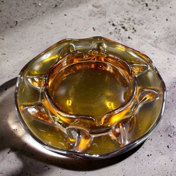 1960s Vintage Amber Glass Ashtray Dish Wavy Edges Vintage Glass Decor 8 In Wide - Picture 1 of 15